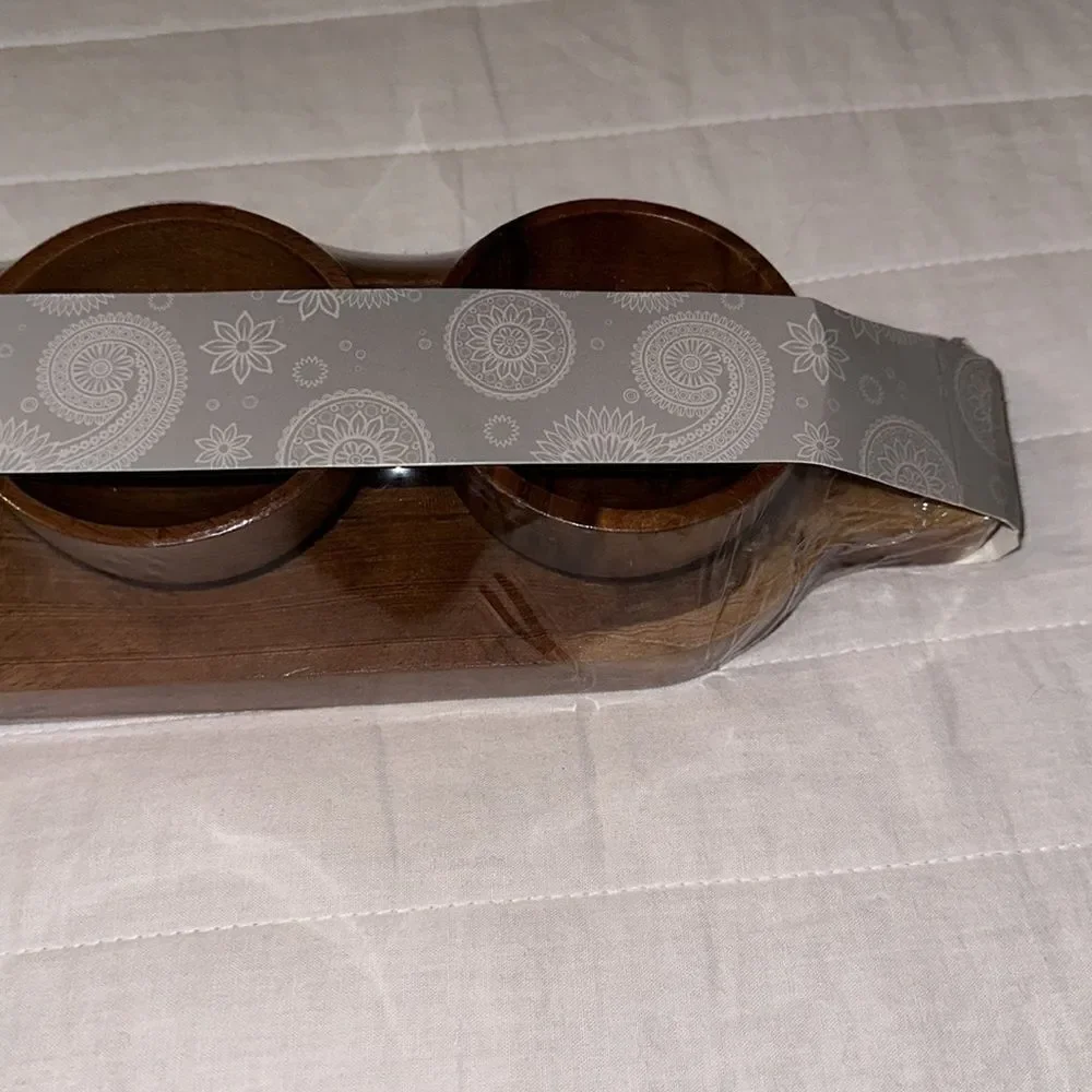 Karma Set of 5 piece Teak Wooden Condiment Dipping Bowls with a Serving Tray